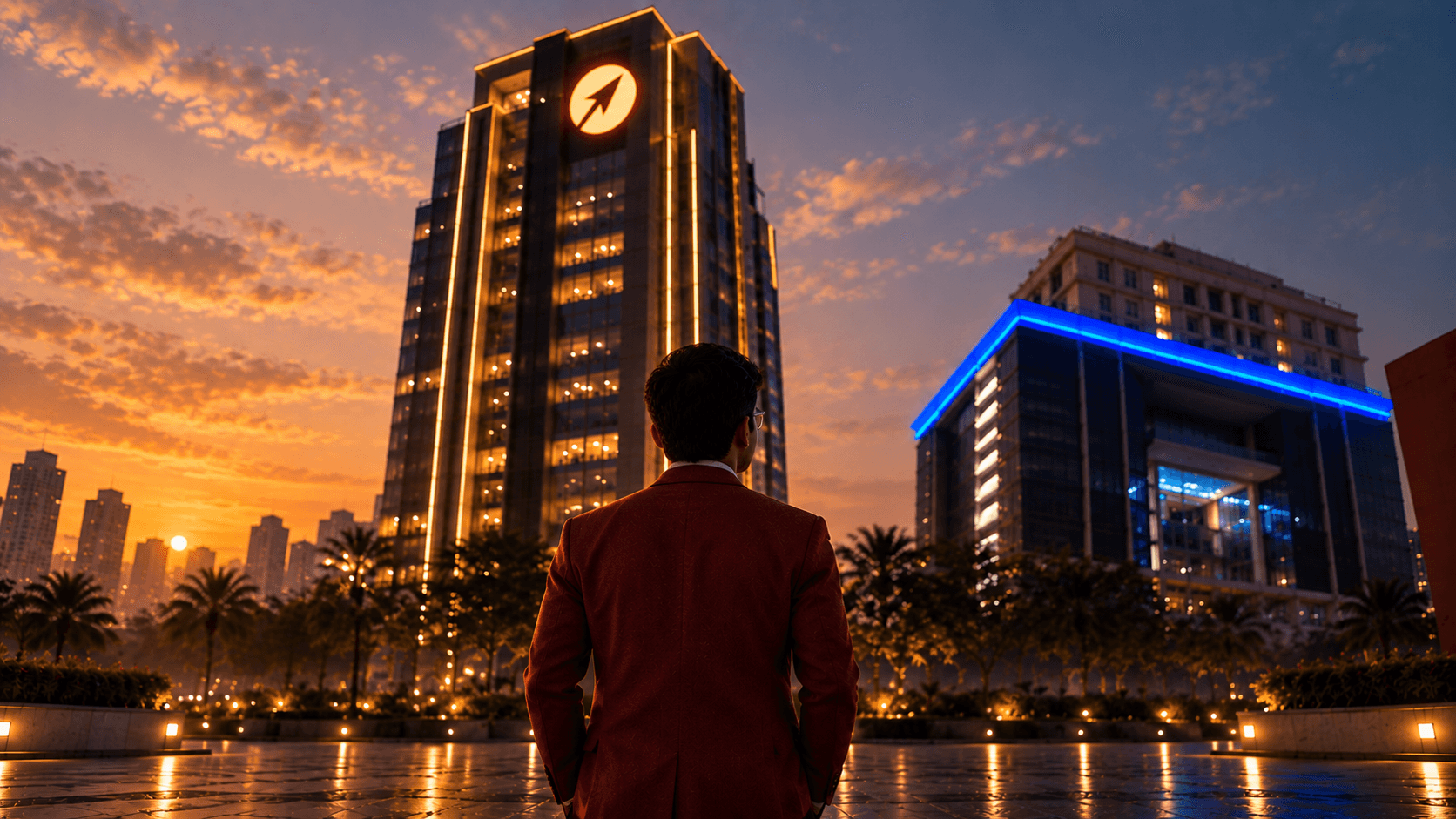 Tejas G standing at night facing the LuckySpike Group tower beside UB City